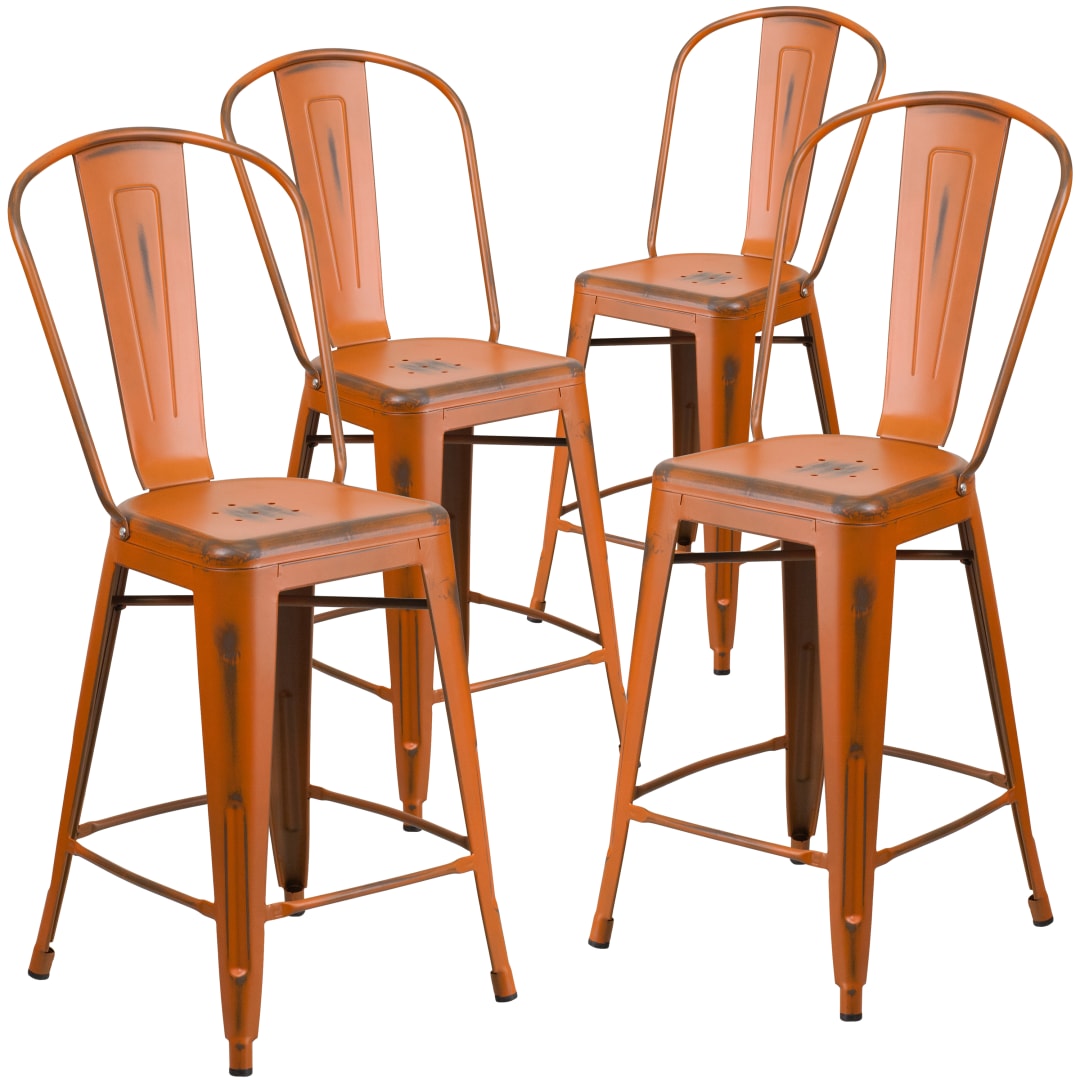 Blake Commercial Grade 4 Pack 24" High Distressed Orange Metal Indoor-Outdoor Counter Height Stool with Back