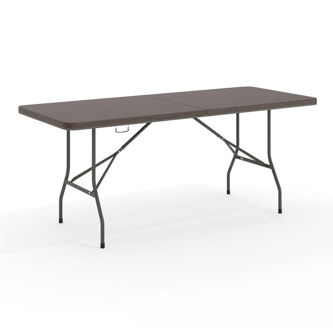 Elijah 6-Foot Bi-Fold Brown Wood Grain Plastic Folding Table with Carrying Handle