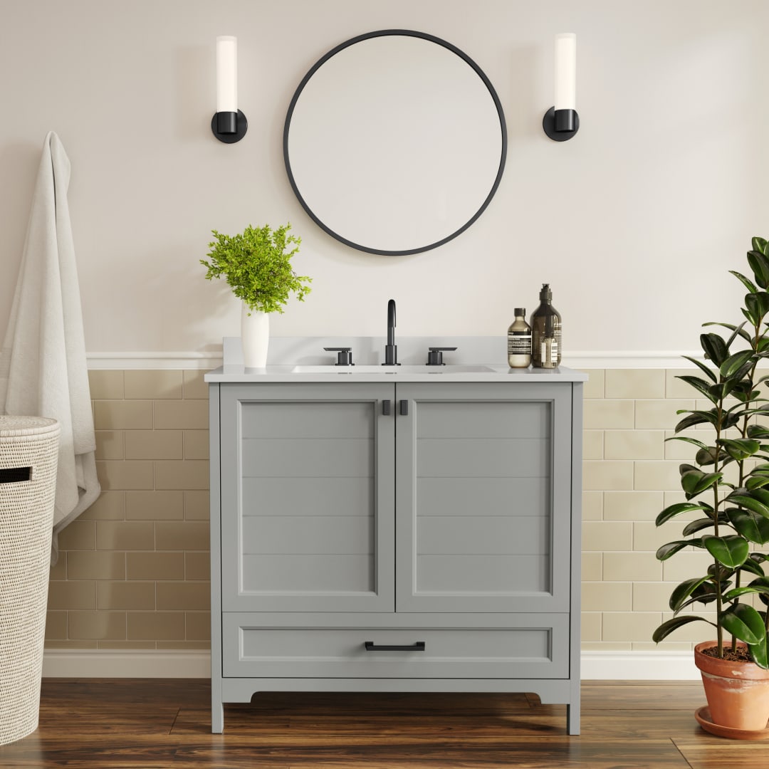 Haven 36" Bathroom Vanity with Sink, Storage Cabinet with Black Hardware, Soft Close Doors and Bottom Drawer, Carrara Marble Finish Countertop, Gray