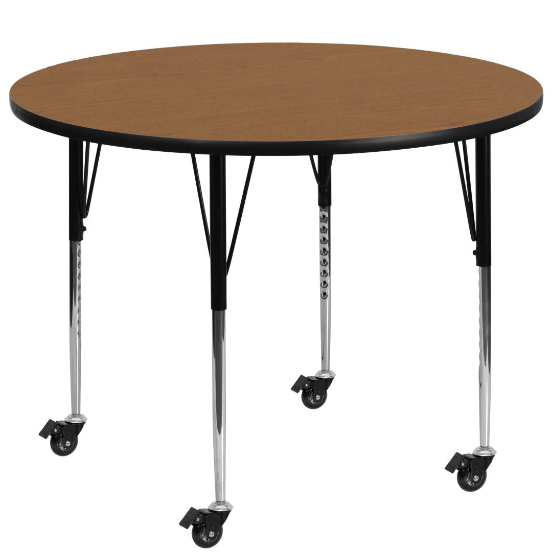 Wren Mobile 60'' Round Oak Thermal Laminate Activity Table - Standard Height Adjustable Legs