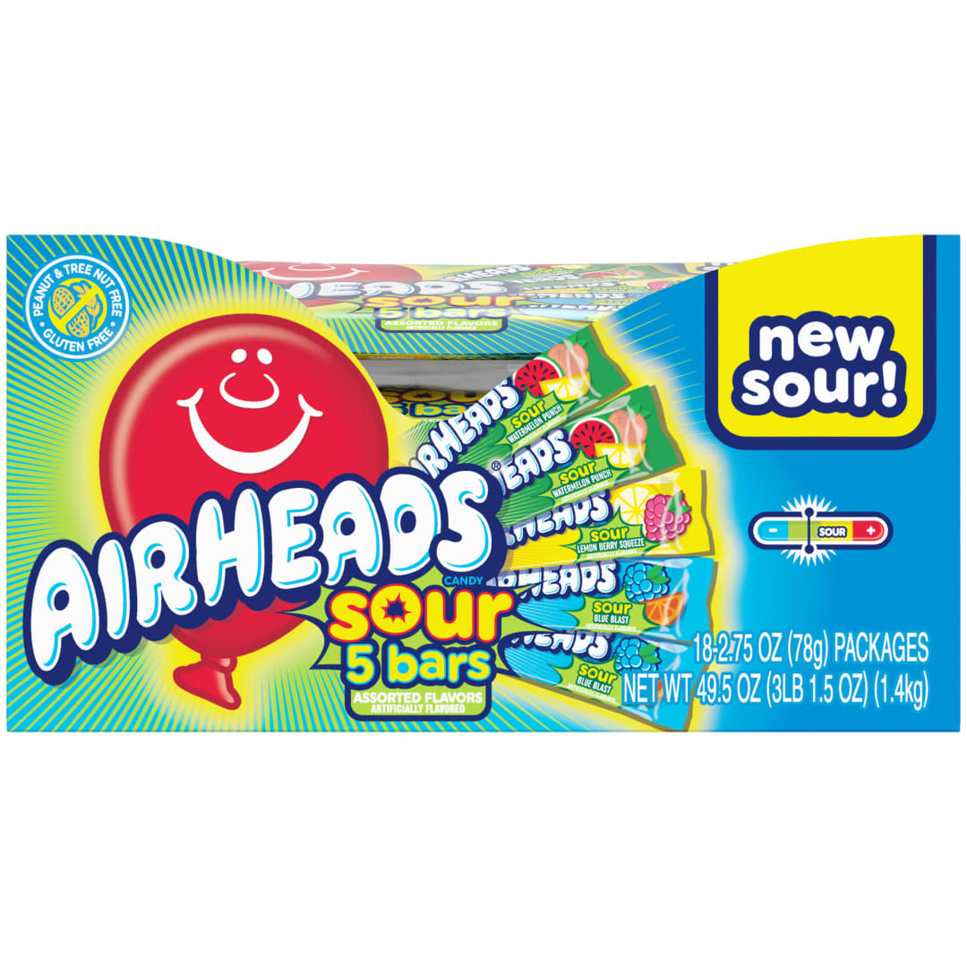 Airheads Sour Bars Assorted Flavors 5 pc Check Stand Bags - 18 Pack