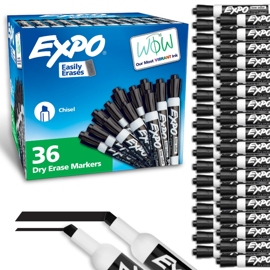 EXPO Dry Erase Markers, Low Odor Ink, Black, Chisel Tip, 36 Count
