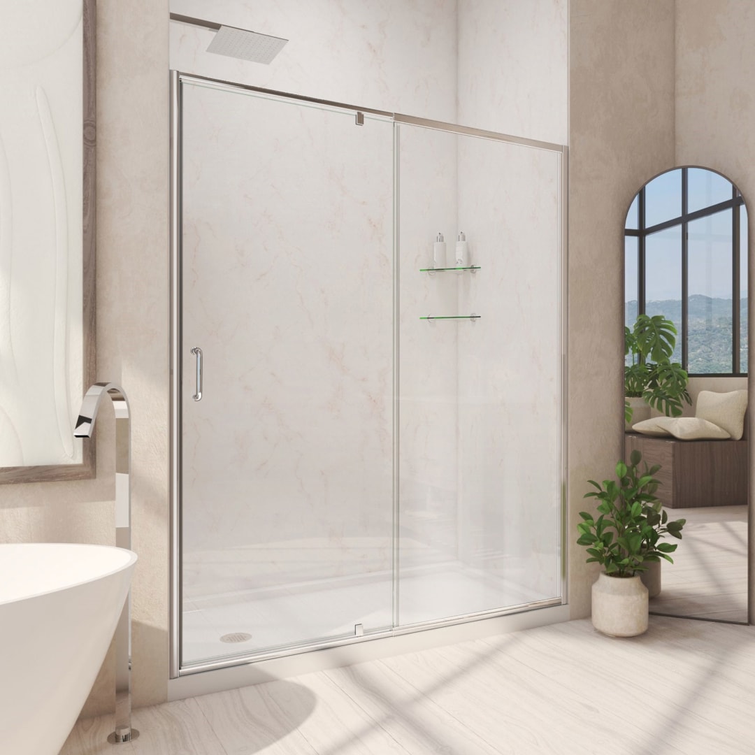 DreamLine Flex 30 inch D x 60 inch W x 74 3/4 inch H Semi-Frameless Pivot Shower Door in Chrome with Left Drain White Shower Base Kit