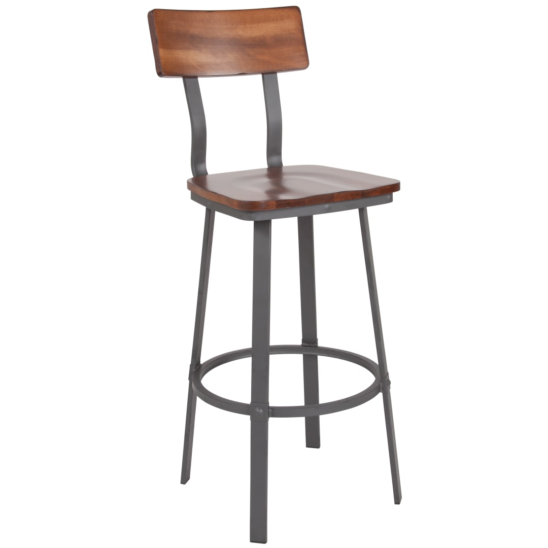 Flint Series Rustic Walnut Restaurant Barstool with Wood Seat &amp; Back and Gray Powder Coat Frame