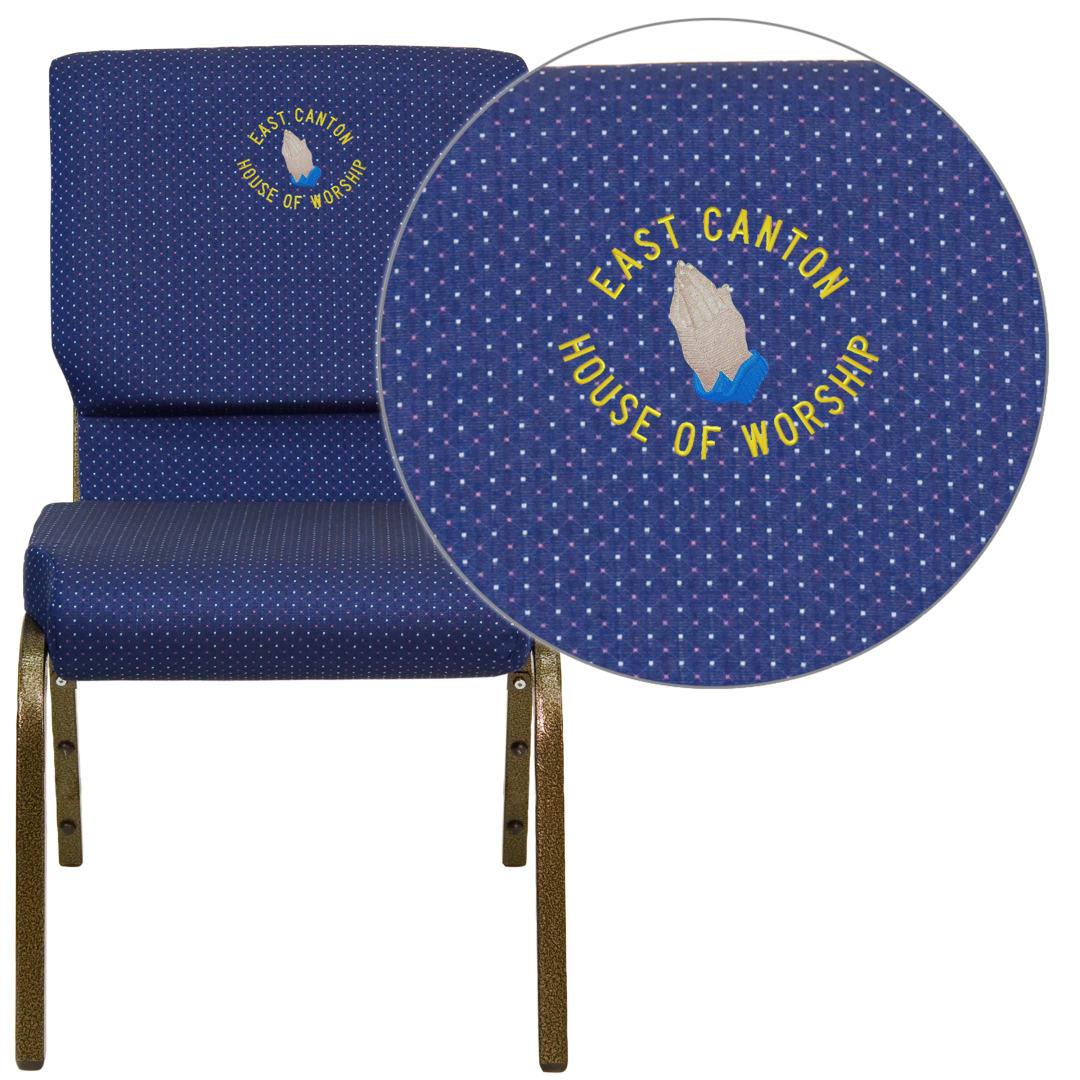 Embroidered HERCULES Series 18.5''W Stacking Church Chair in Navy Blue Patterned Fabric - Gold Vein Frame