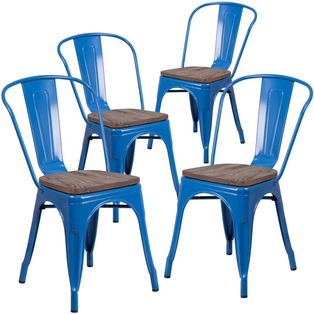 Luke 4 Pk. Blue Metal Stackable Chair with Wood Seat