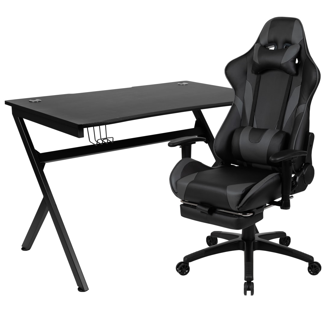 Optis Black Gaming Desk and Gray Footrest Reclining Gaming Chair Set with Cup Holder, Headphone Hook &amp; 2 Wire Management Holes