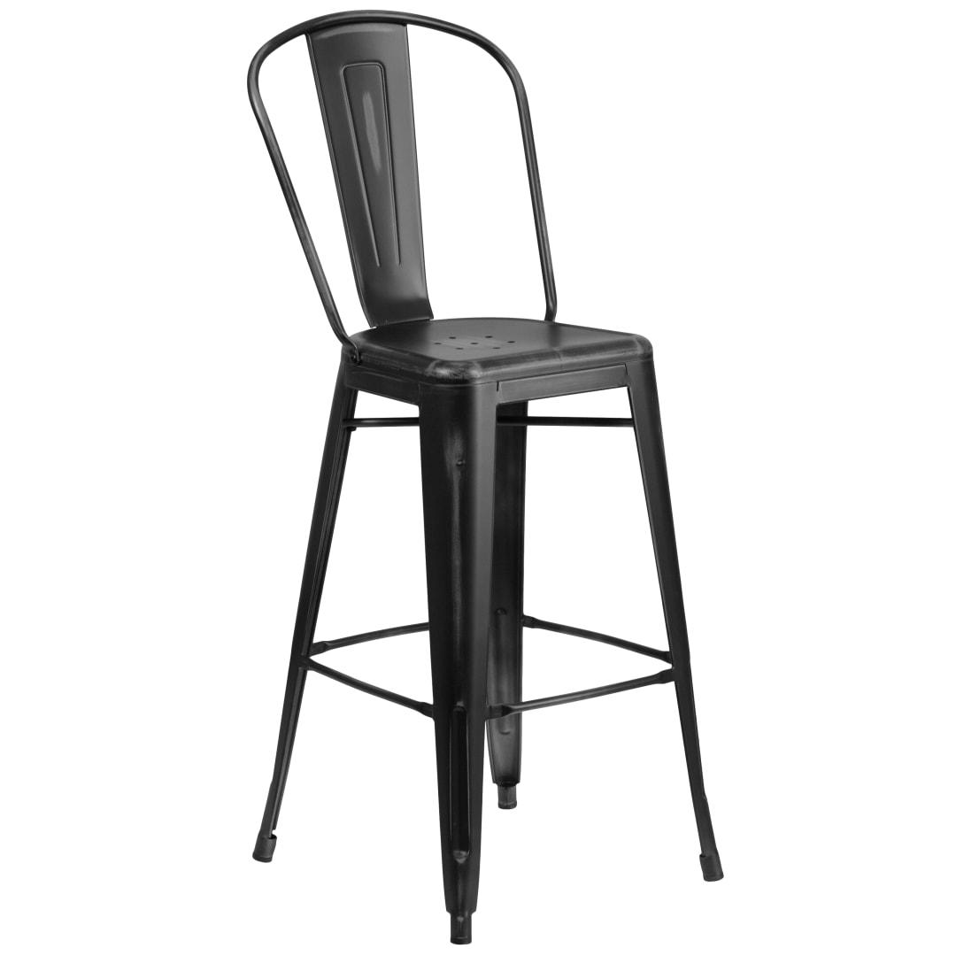 Cindy Commercial Grade 30" High Distressed Black Metal Indoor-Outdoor Barstool with Back