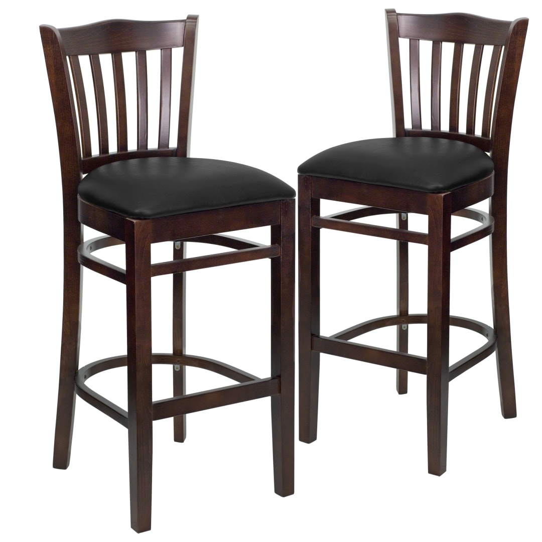 2 Pack HERCULES Series Vertical Slat Back Walnut Wood Restaurant Barstool - Black Vinyl Seat