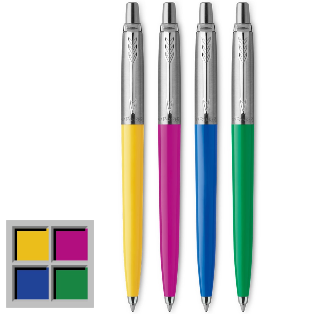Parker Jotter Originals colección de bolígrafos | surtido de acabados retro | punta mediana | tinta negra | Material escolar | cuatro unidades