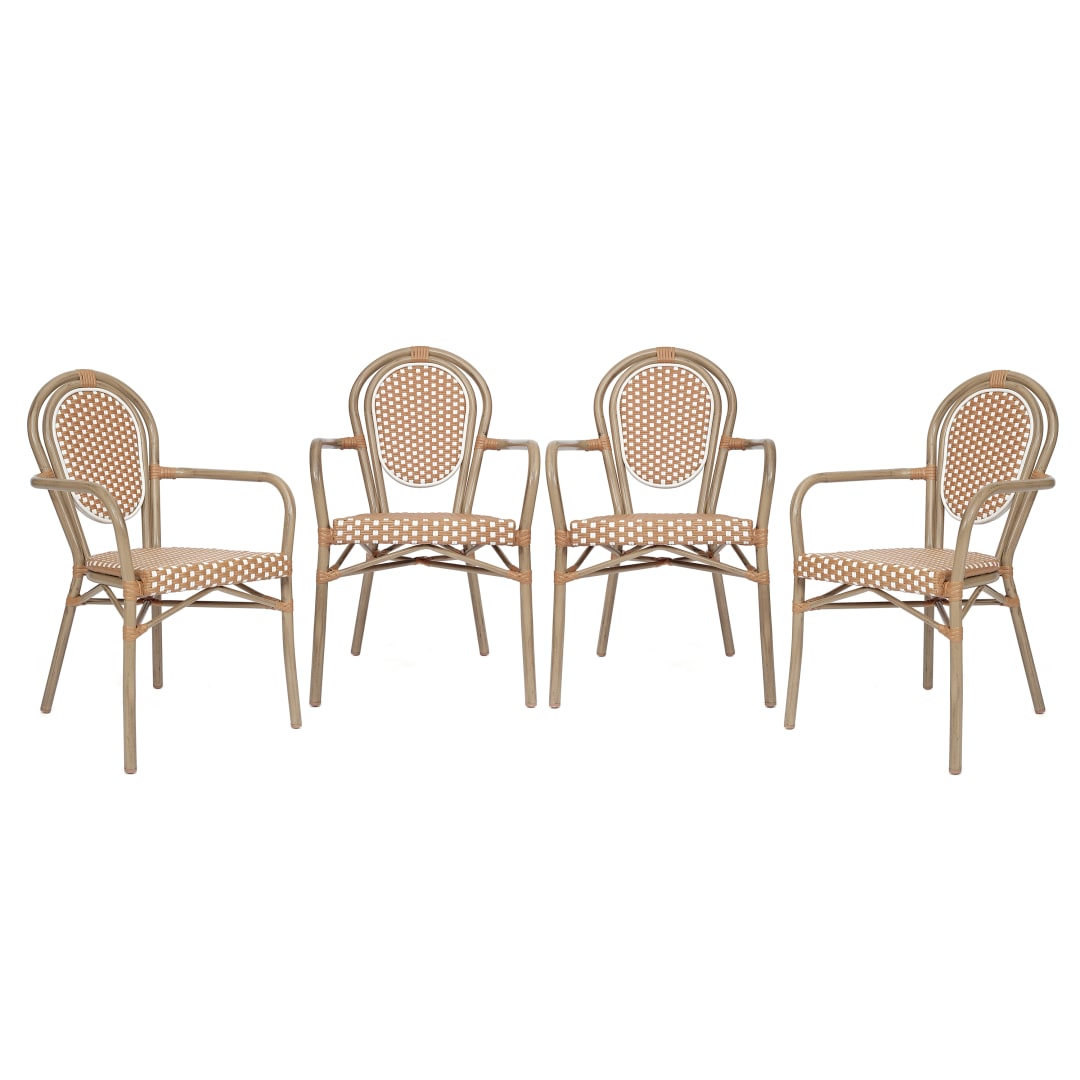 4 Pack Lourdes Indoor/Outdoor Commercial Thonet Bistro Stack Chair with Arms, Natural/White PE Rattan and Bamboo Aluminum Frame in Lt Natural
