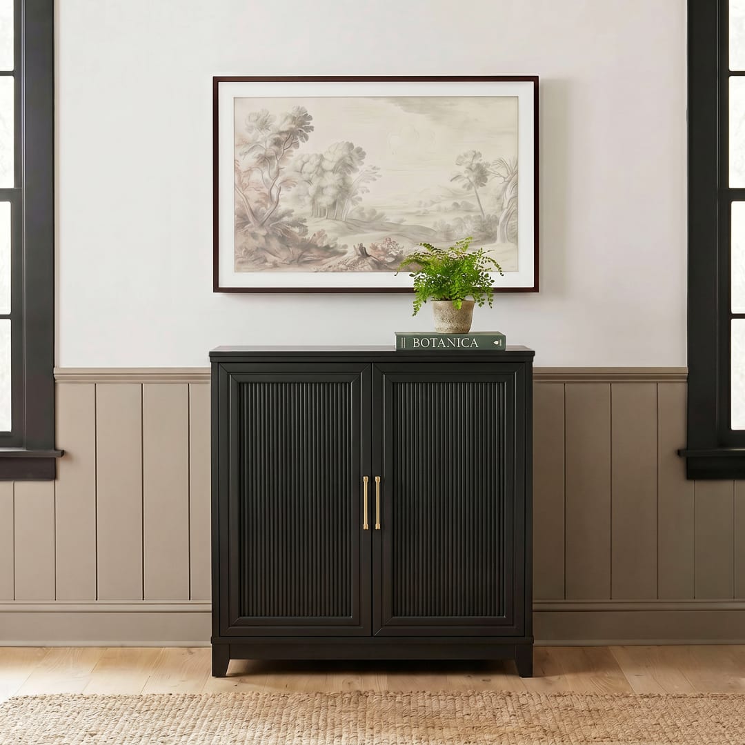 Bedford Fluted Modular Storage Cabinet with Adjustable Shelf, Soft-Close Doors with Gold Hardware, Solid Wood Frame and Legs, Black
