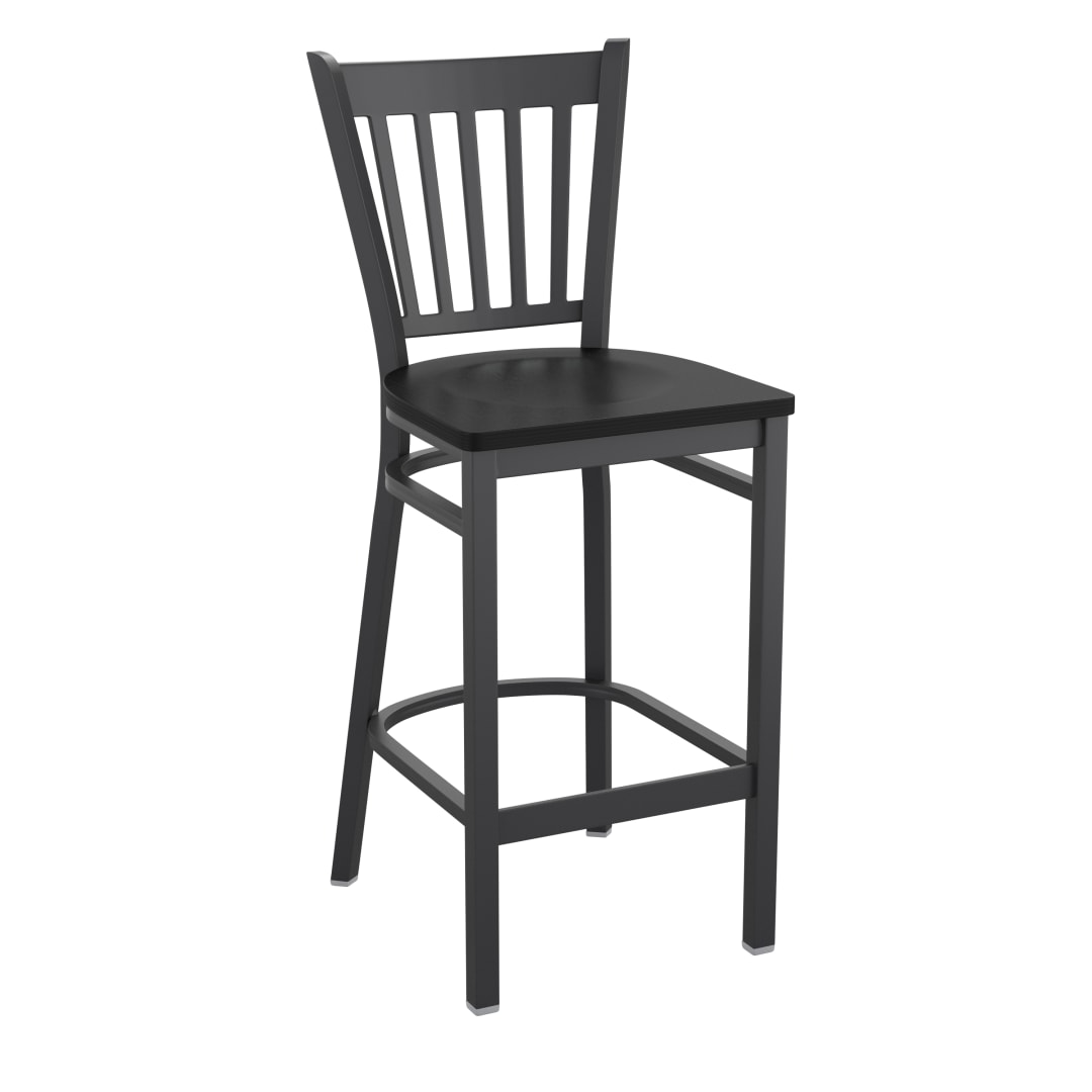 HERCULES Black Vertical Back Metal Restaurant Barstool - Black Wood Seat