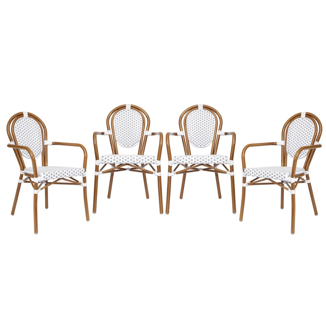 4 Pack Lourdes Indoor/Outdoor Commercial Thonet Bistro Stacking Chair with Arms, White and Gray PE Rattan and Bamboo Aluminum Frame in Natural