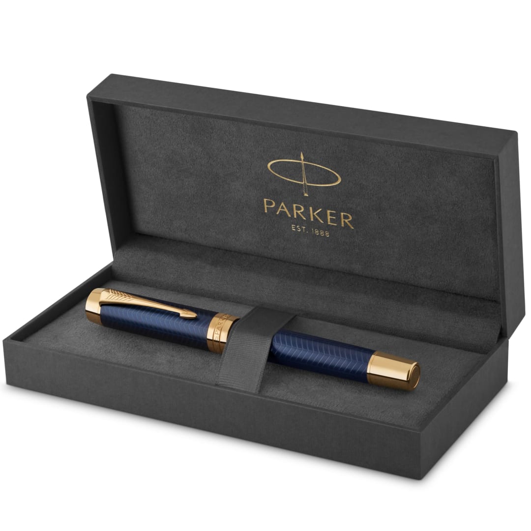 Parker Duofold Centennial Fountain Pen, Prestige Blue Chevron, Fine Solid Gold Nib, Black Ink and Convertor