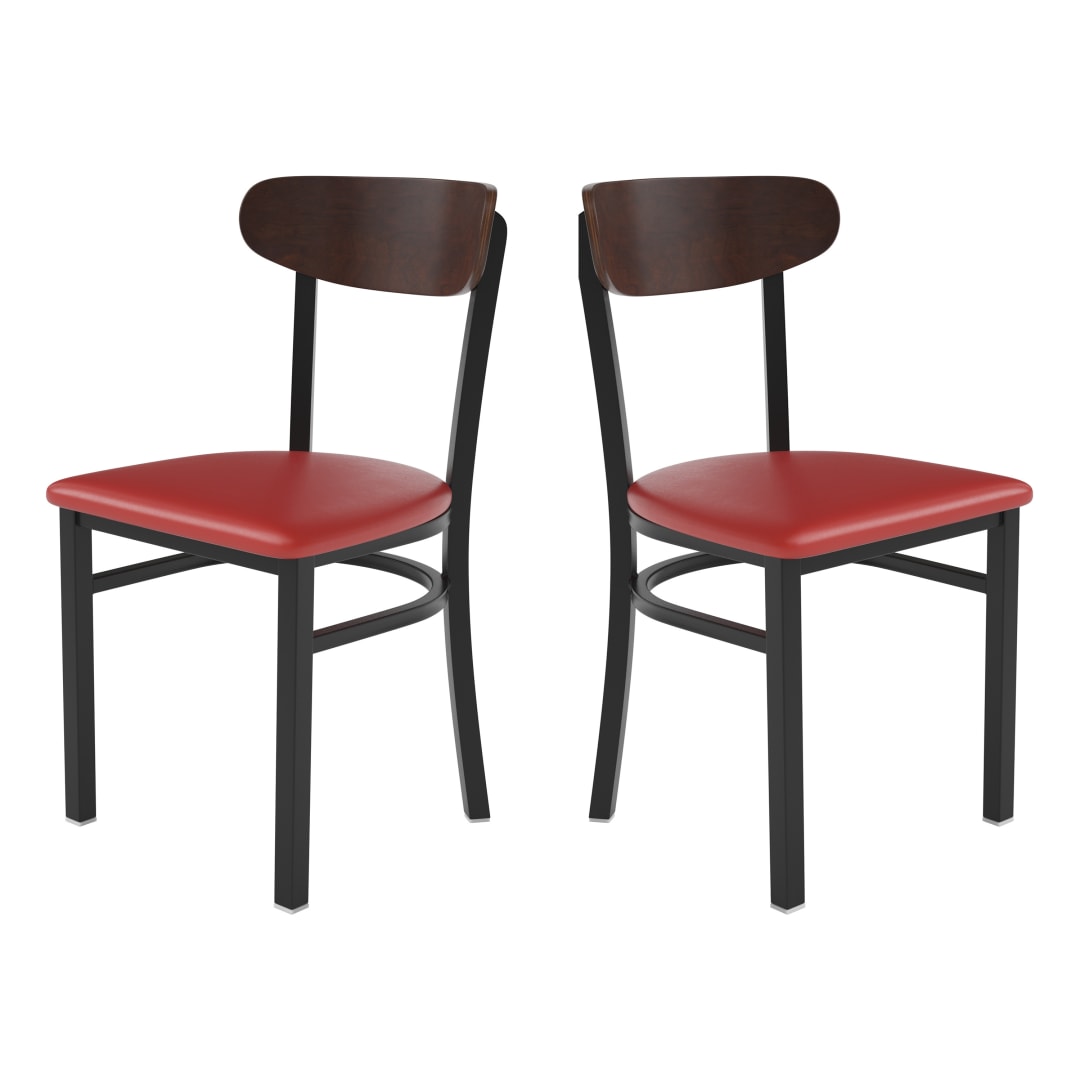 Wright Set of 2 Commercial Dining Chairs with 500 LB. Capacity Black Steel Frame, Natural Birch Finish Wooden Boomerang Back, and Red Vinyl Seat