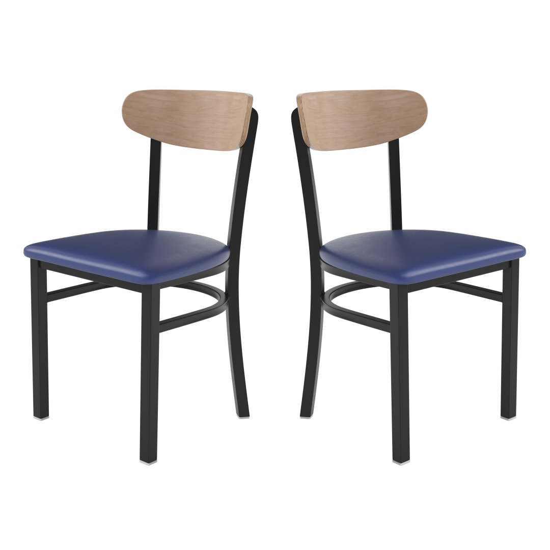 Wright Set of 2 Commercial Dining Chairs with 500 LB. Capacity Black Steel Frame, Natural Birch Finish Wooden Boomerang Back, and Blue Vinyl Seat