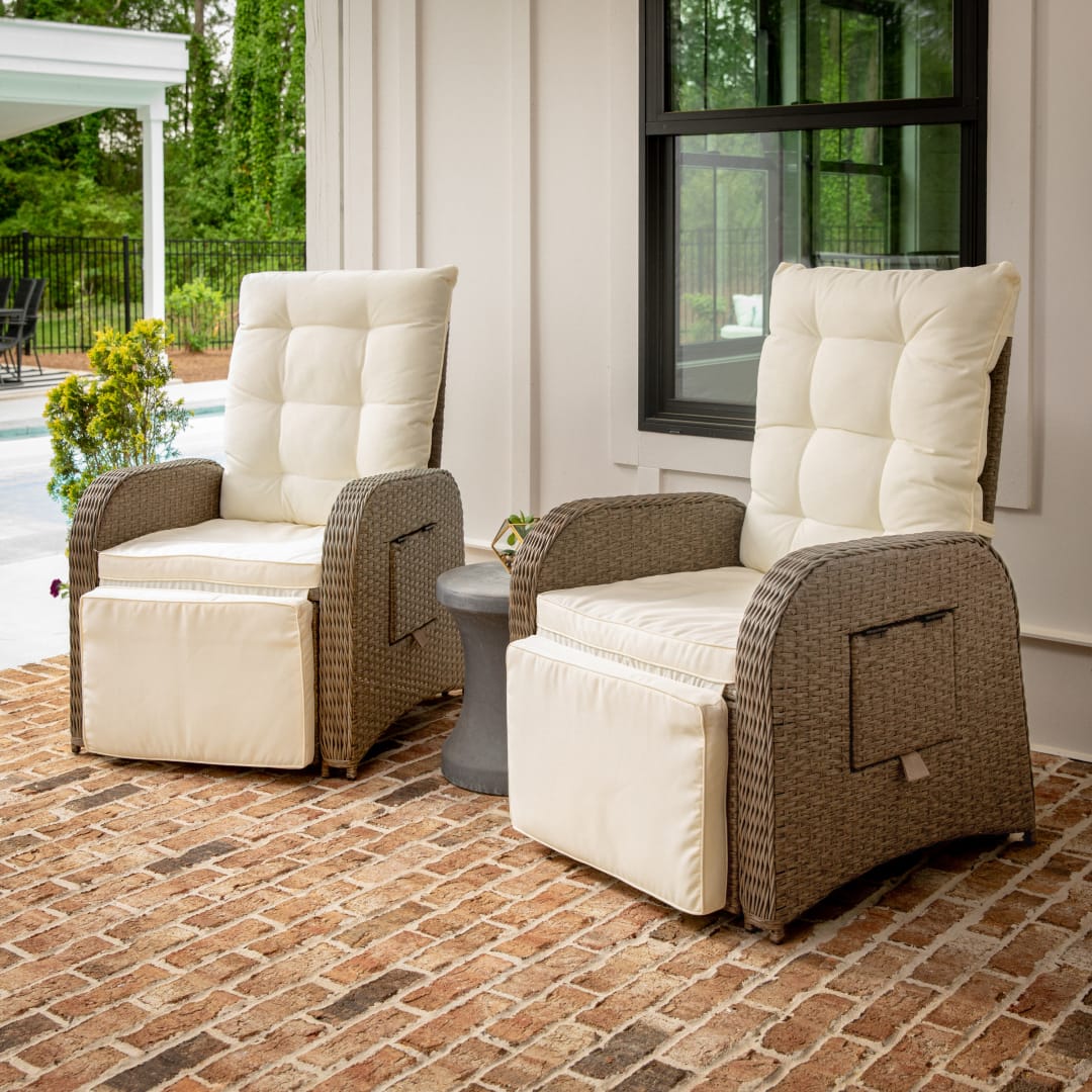 Nemo Set of 2 Indoor/Outdoor Patio Wicker Rattan Recliner Lounge Chairs with Flip up Side Tables, Beige and Brown