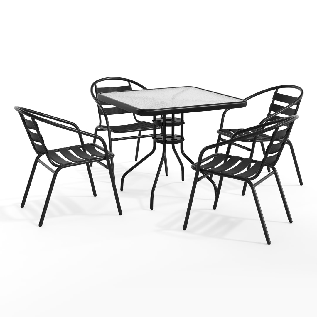 Lila 31.5'' Square Glass Metal Table with 4 Black Metal Aluminum Slat Stack Chairs