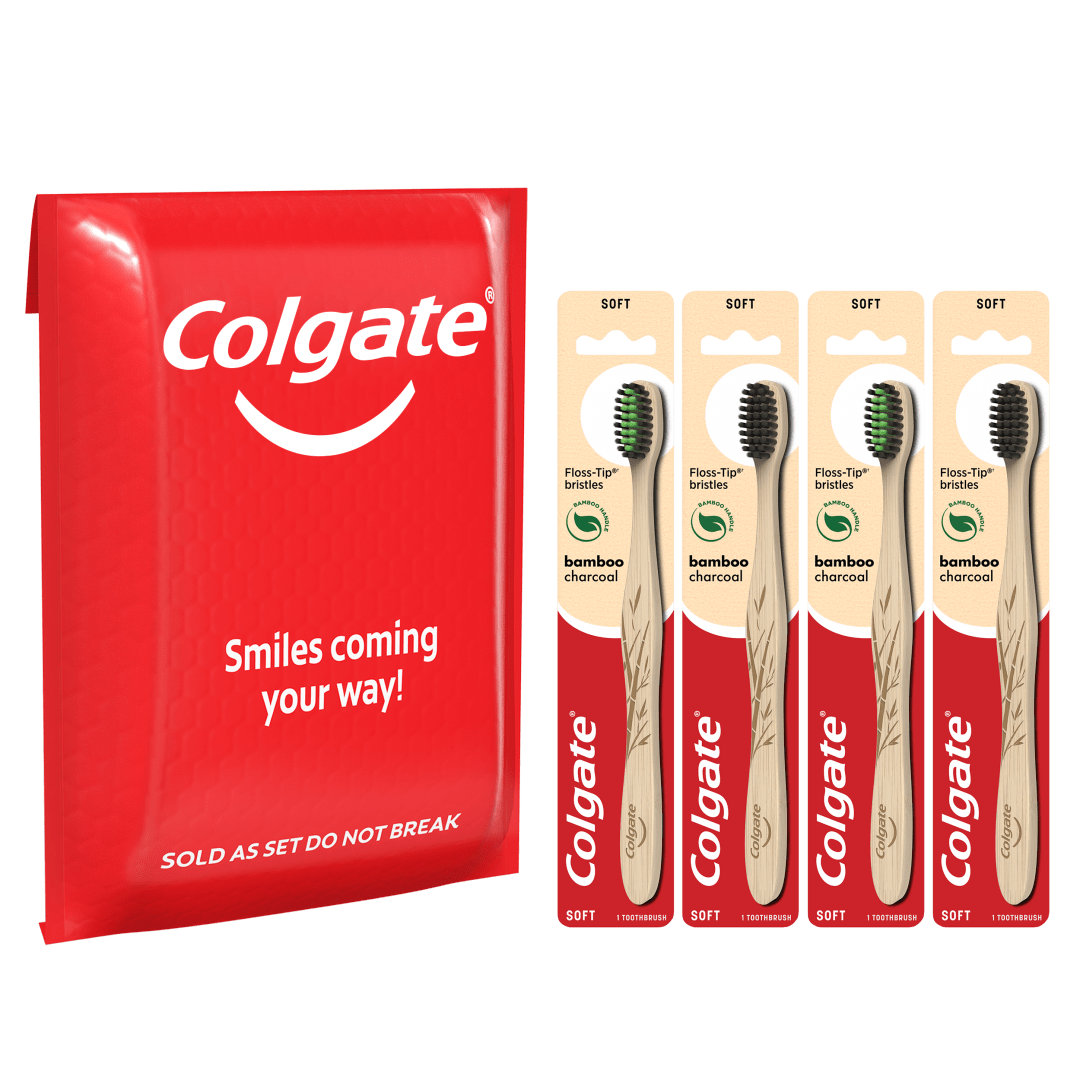 Colgate Charcoal Bamboo Toothbrushes, Eco Friendly Natural Bamboo Handle, Soft - 4 count