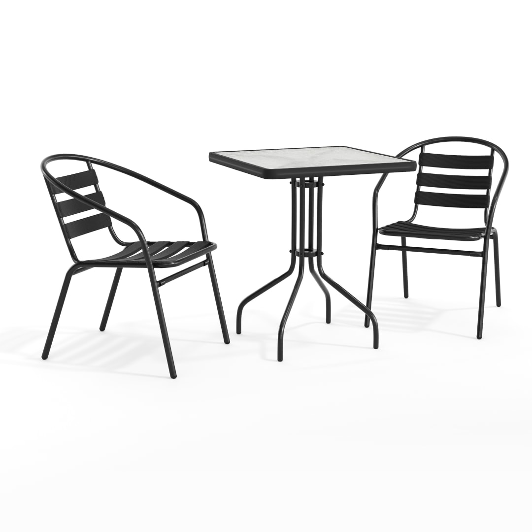 Lila 23.5'' Square Glass Metal Table with 2 Black Metal Aluminum Slat Stack Chairs