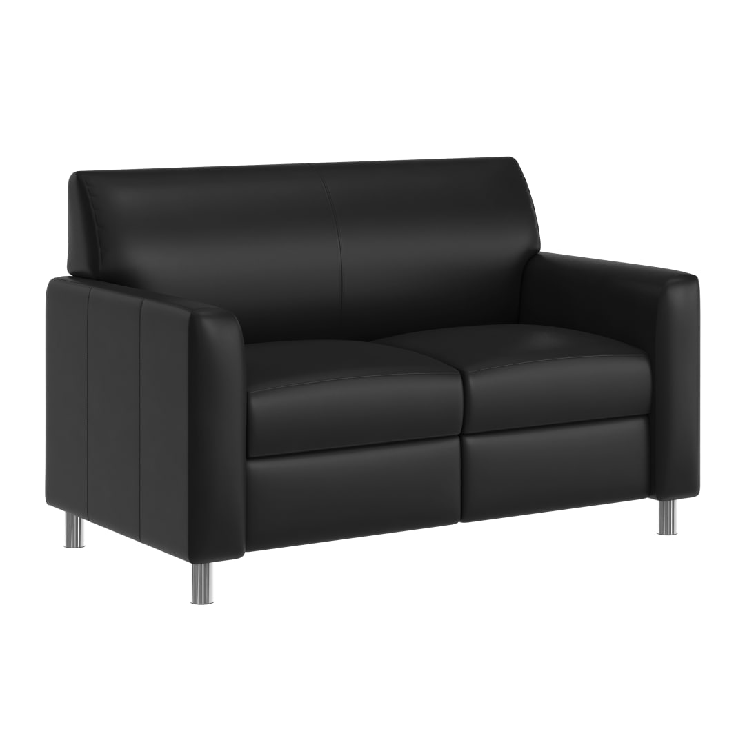Agent Black LeatherSoft Reception Loveseat with Right Side Charging Bank, Includes 2 Outlets, 2USB Ports, 1 USB-C Port, Chrome Legs