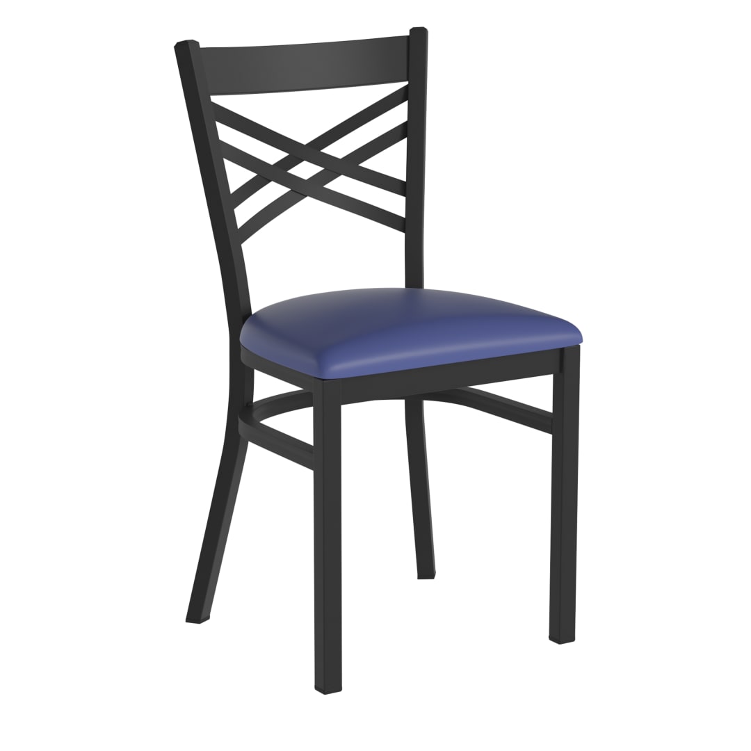 HERCULES Black ''X'' Back Metal Restaurant Chair - Blue Vinyl Seat