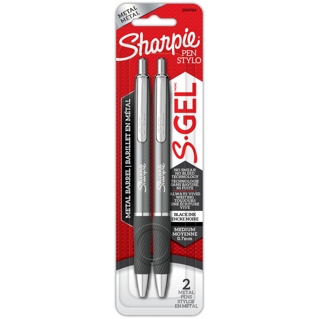 Sharpie® S-Gel, Gel Pens, Sleek Metal Barrel, Gunmetal Body, Medium Point (0.7mm), Black Ink, 2 Count