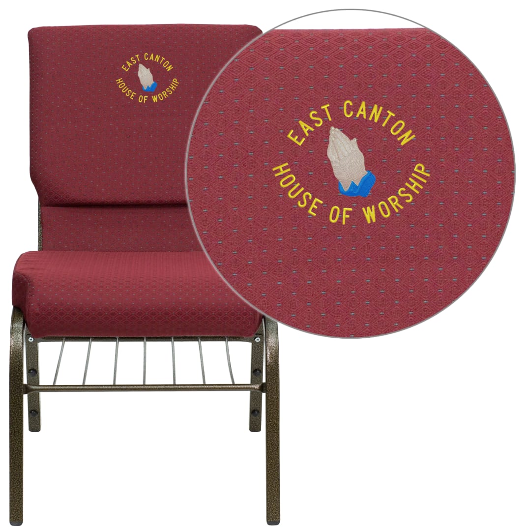 Embroidered HERCULES Series 18.5''W Church Chair in Burgundy Patterned Fabric with Book Rack - Gold Vein Frame
