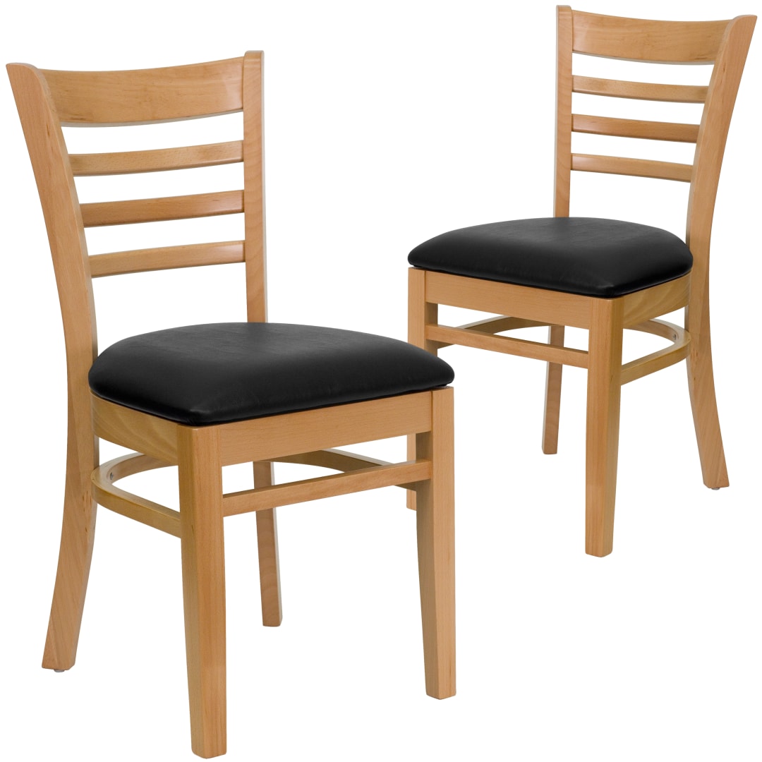 2 Pack HERCULES Series Ladder Back Natural Wood Restaurant Chair - Black Vinyl Seat