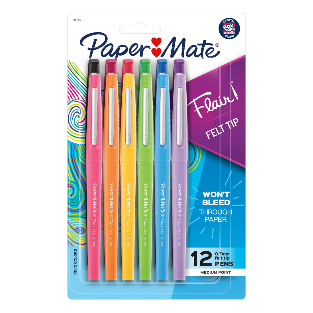 Paper Mate Flair Felt Tip Pens, Medium Point (0.7mm), Assorted Colors, 12 Count