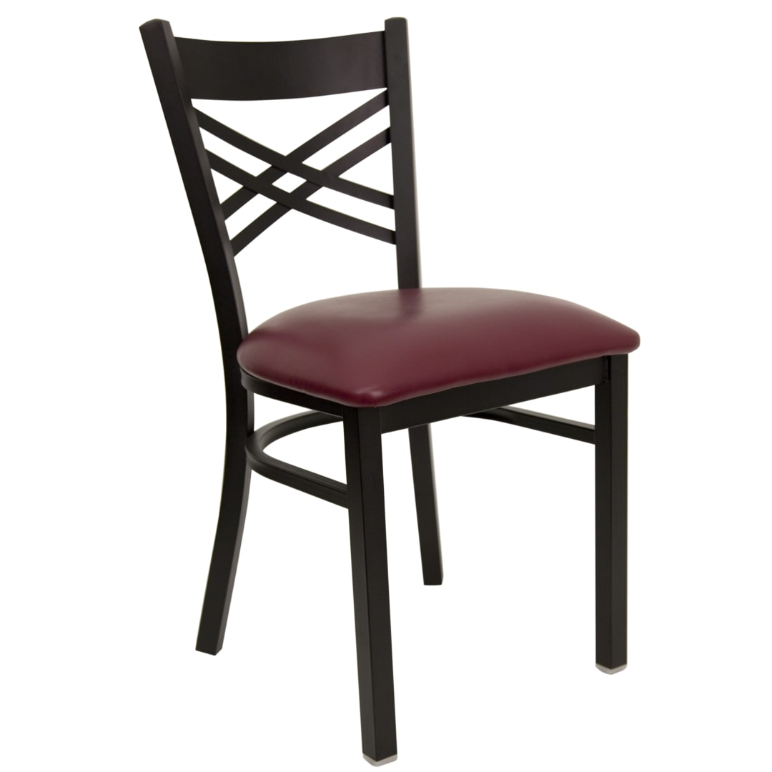 4 Pack HERCULES Series Black ''X'' Back Metal Restaurant Chair - Burgundy Vinyl Seat