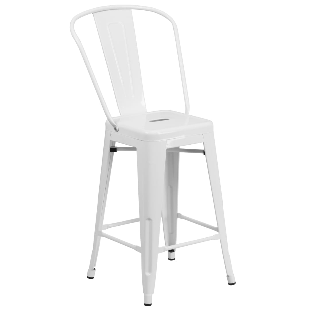 Kai Commercial Grade 24" High White Metal Indoor-Outdoor Counter Height Stool with Removable Back