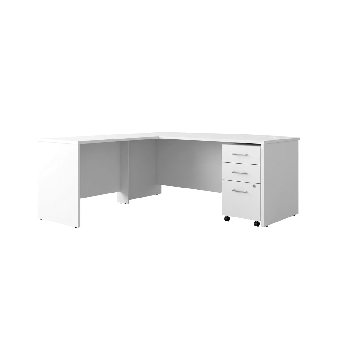 Cornerstone 71"W x 77"D Executive Bow Front L-Desk with 3-Drawer Mobile Pedestal, White