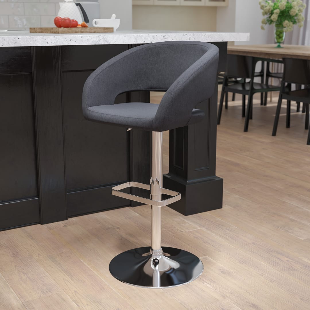 Erik Contemporary Charcoal Fabric Adjustable Height Barstool with Rounded Mid-Back and Chrome Base