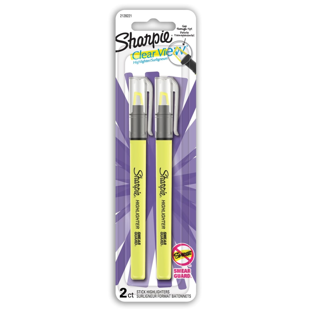 Sharpie® Highlighter, Clear View Highlighter with See-Through Chisel Tip, Stick Highlighter, Yellow, 2 Count