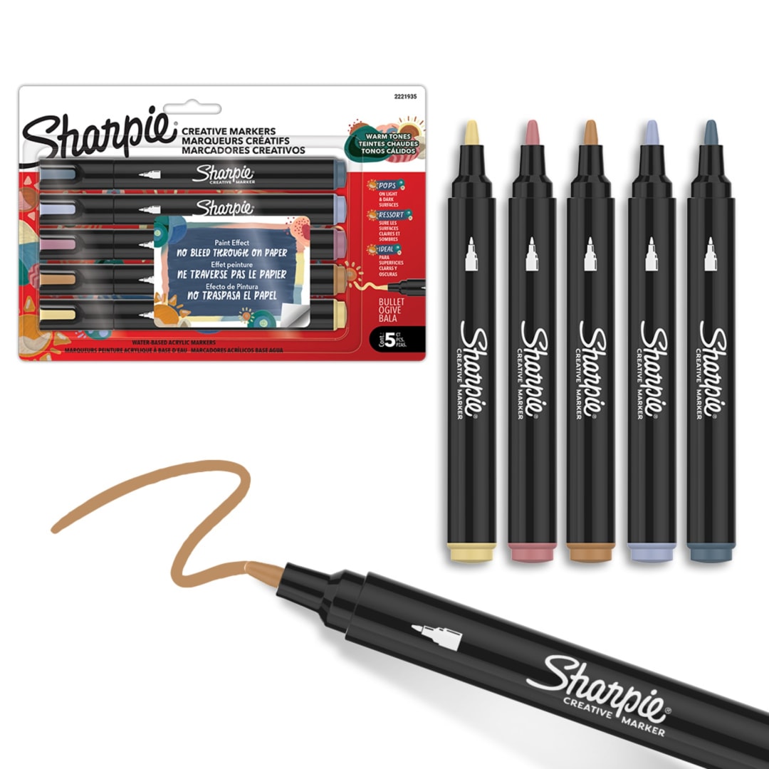 Sharpie Creative Markers, Warm Tones, Water-Based Acrylic Markers, Bullet Tip, Assorted Colors, 5 Count
