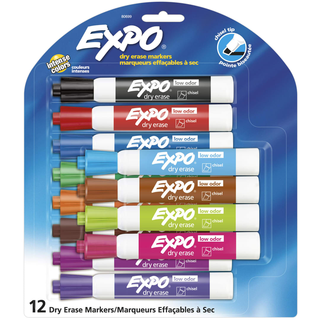 EXPO® Low Odor Dry Erase Markers, Chisel Tip, Assorted Colors, 12 Count