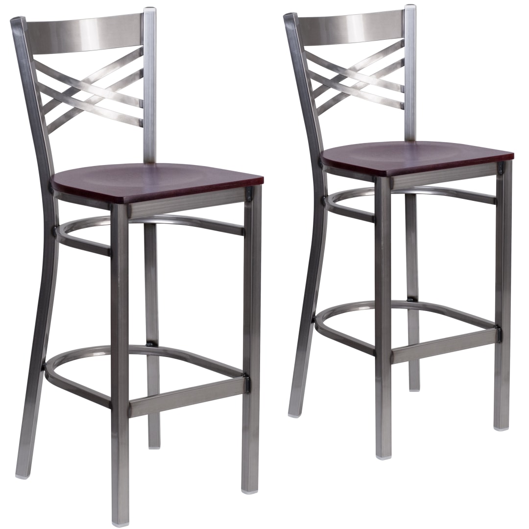 2 Pk. HERCULES Series Silver Antique Finish with Clear Coat ''X'' Back Metal Restaurant Barstool - Mahogany Wood Seat
