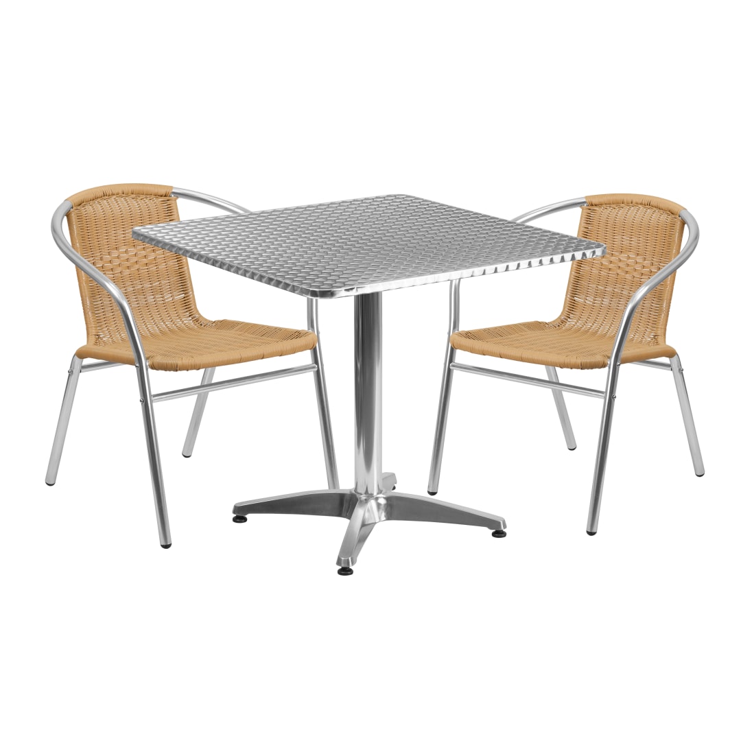 Lila 31.5'' Square Aluminum Indoor-Outdoor Table Set with 2 Beige Rattan Chairs