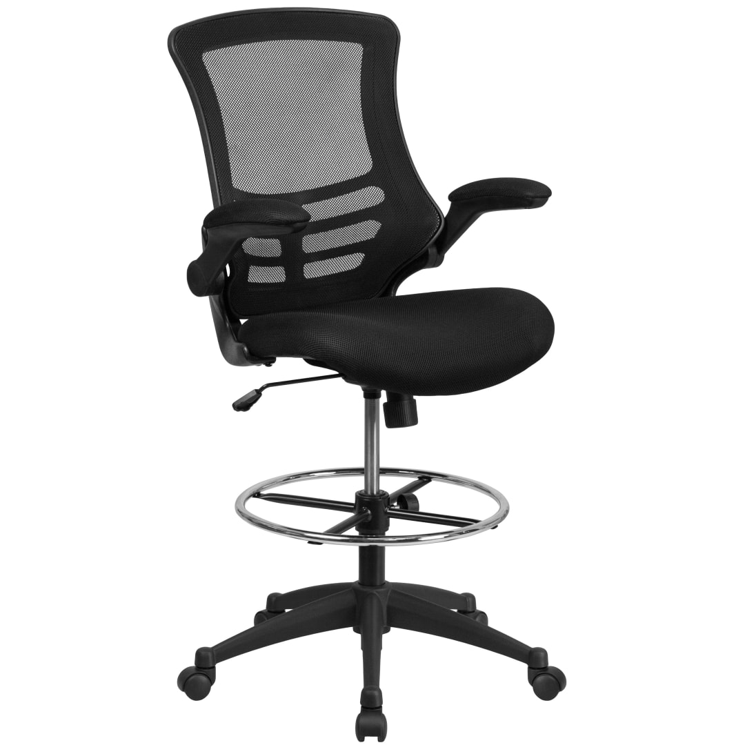Kelista Mid-Back Black Mesh Ergonomic Drafting Chair with Adjustable Foot Ring and Flip-Up Arms