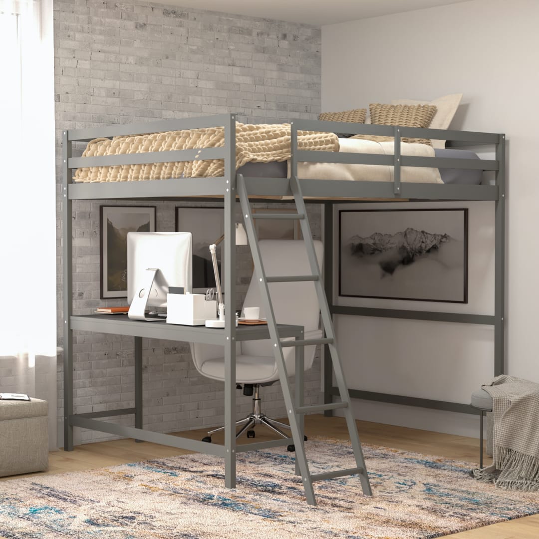 Riley Loft Bed Frame with Desk, Full Size Wooden Bed Frame with Protective Guard Rails &amp; Ladder for Kids and Teens - Light Gray