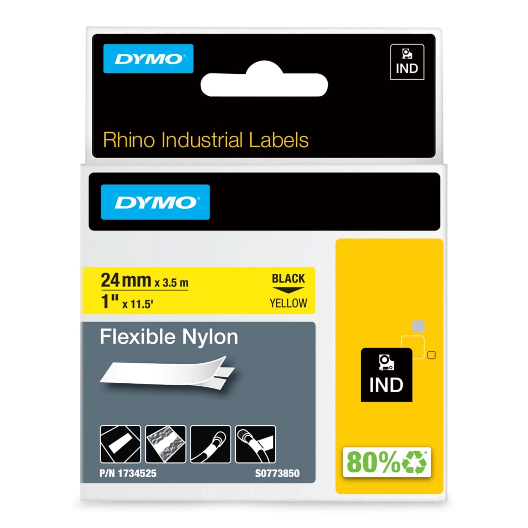 DYMO Rhino Industrial Flexible Nylon Labels, 1" x 11.5', Black Print on Yellow, Self-Adhesive, for Rhino & LabelManager Label Makers