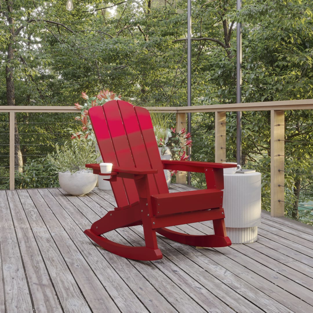 Newport Adirondack Rocking Chair with Cup Holder, Weather Resistant HDPE Adirondack Rocking Chair in Red