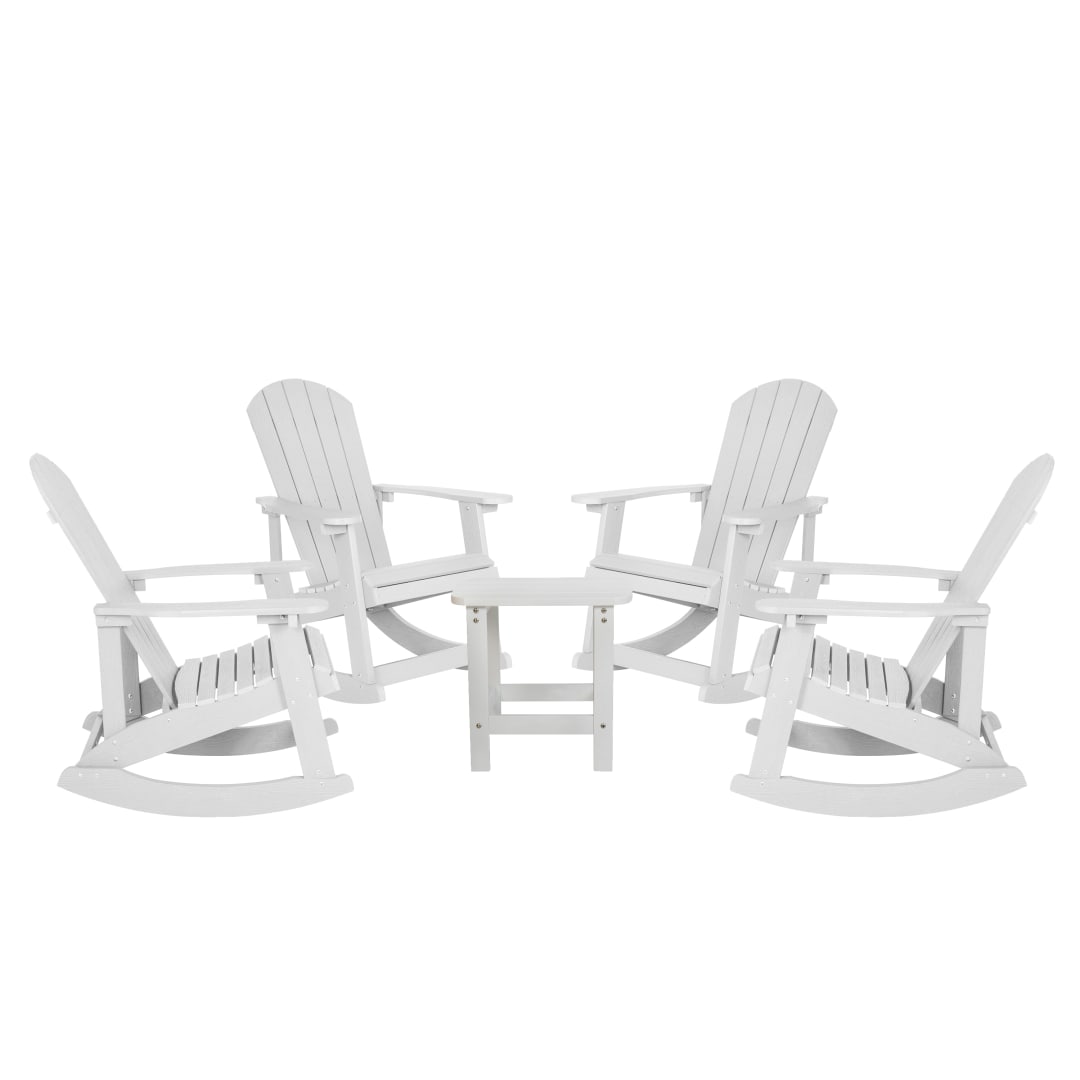 Set of 4 Savannah Commercial Grade All-Weather Poly Resin Wood Adirondack Rocking Chairs with Side Table in White