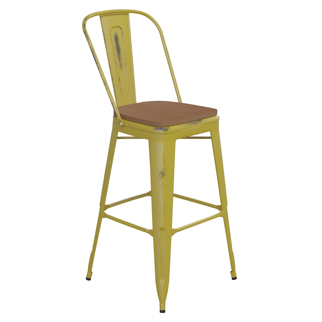 Carly Commercial Grade 30" High Yellow Metal Indoor-Outdoor Barstool with Back with Teak Poly Resin Wood Seat