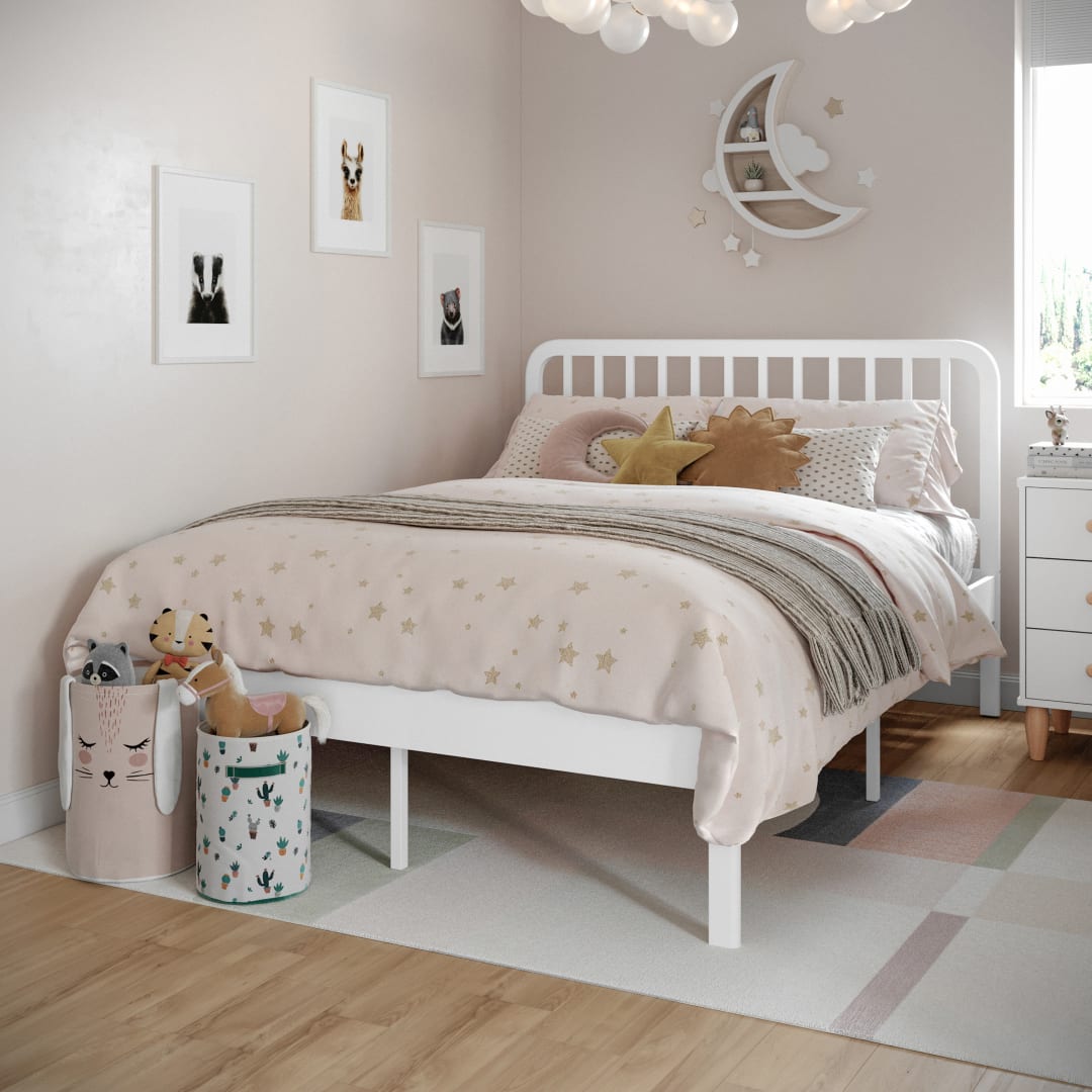 Penn Full Platform Bed Frame with Wood Slat Headboard and Foundation with No Box Spring Required in White