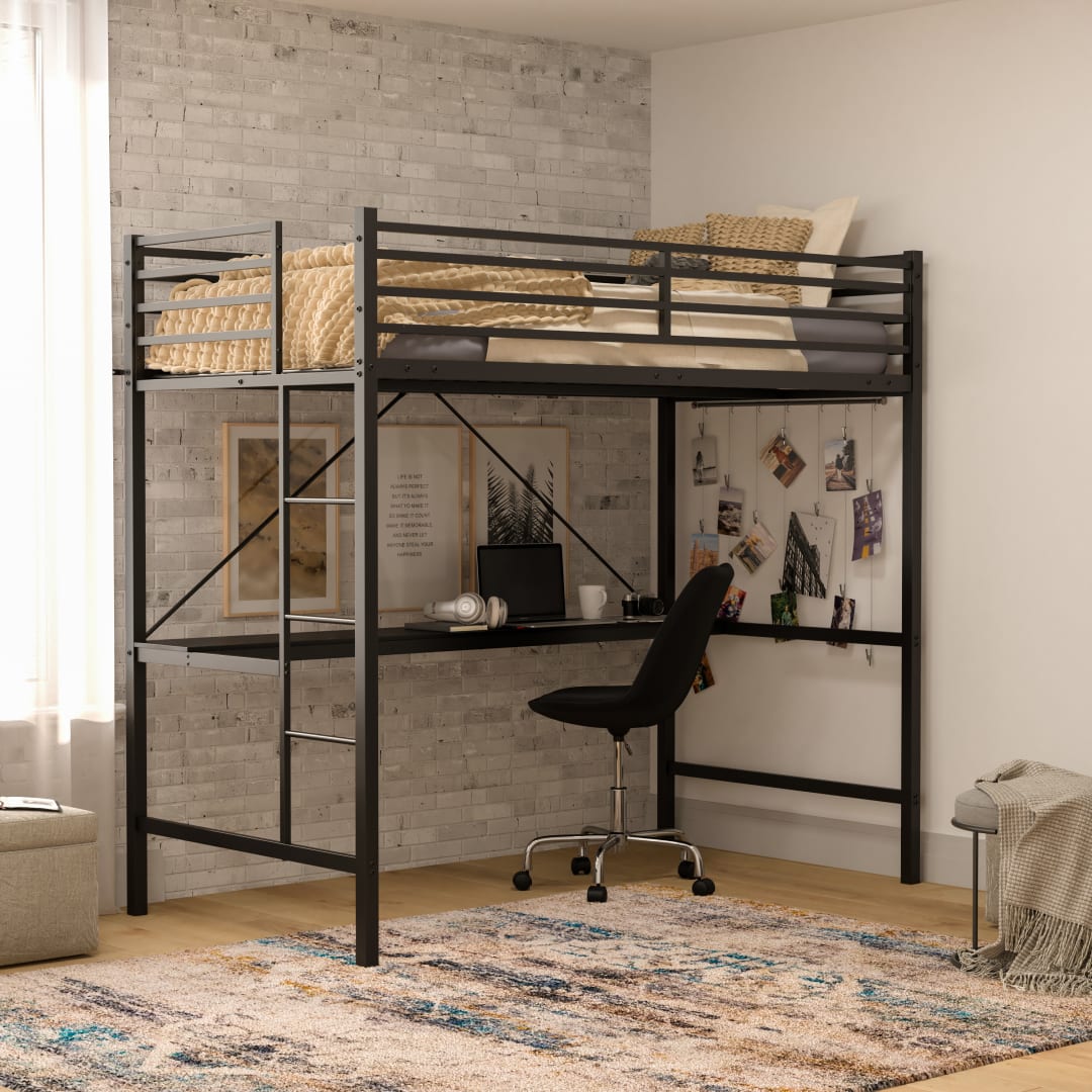 Jake Loft Bed Frame with Desk, Twin Size Metal Bed Frame with Protective Guard Rails &amp; Ladder for Kids, Teens and Adults - Black