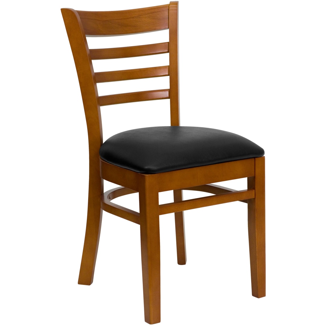 4 Pack HERCULES Series Ladder Back Cherry Wood Restaurant Chair - Black Vinyl Seat