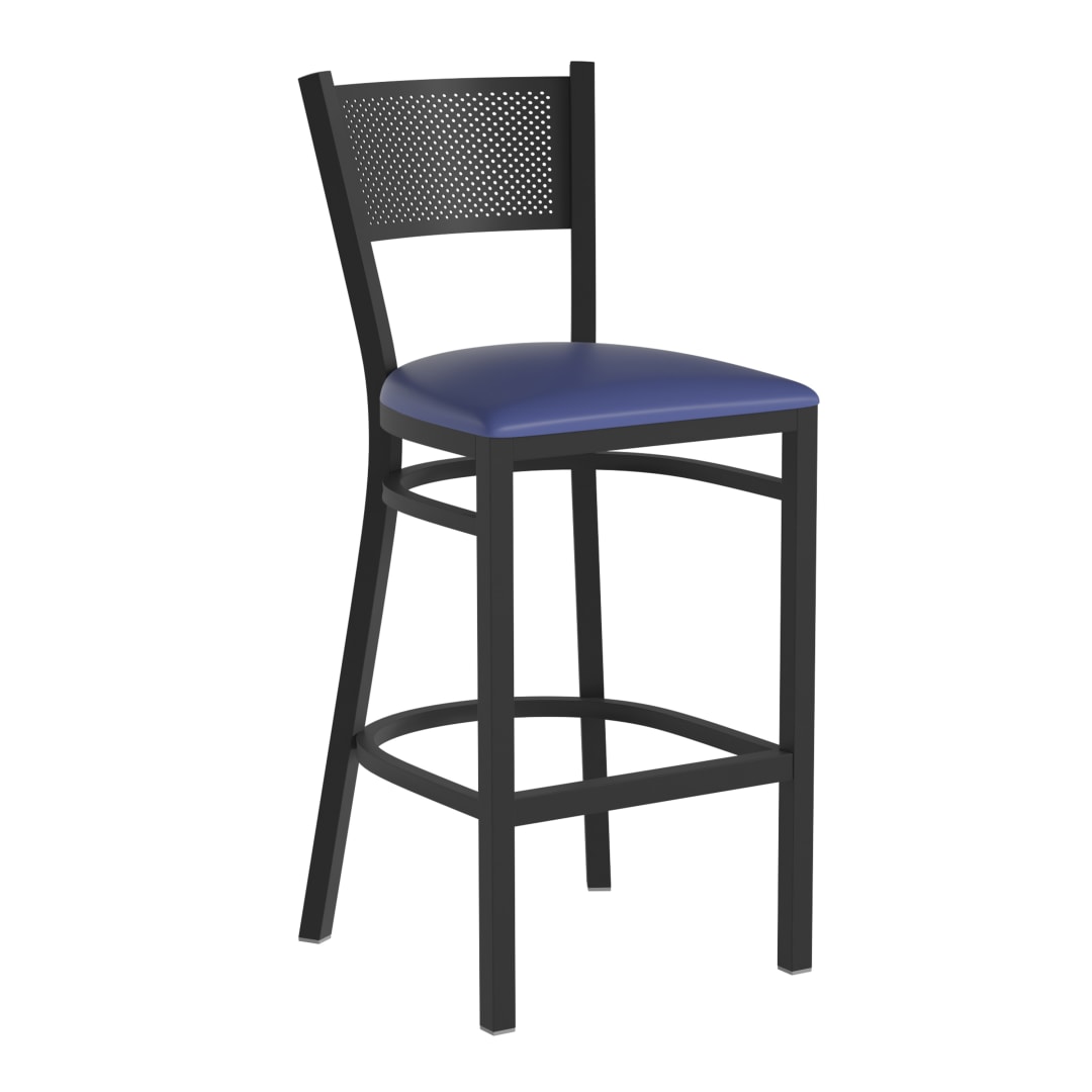 HERCULES Black Grid Back Metal Restaurant Barstool - Blue Vinyl Seat